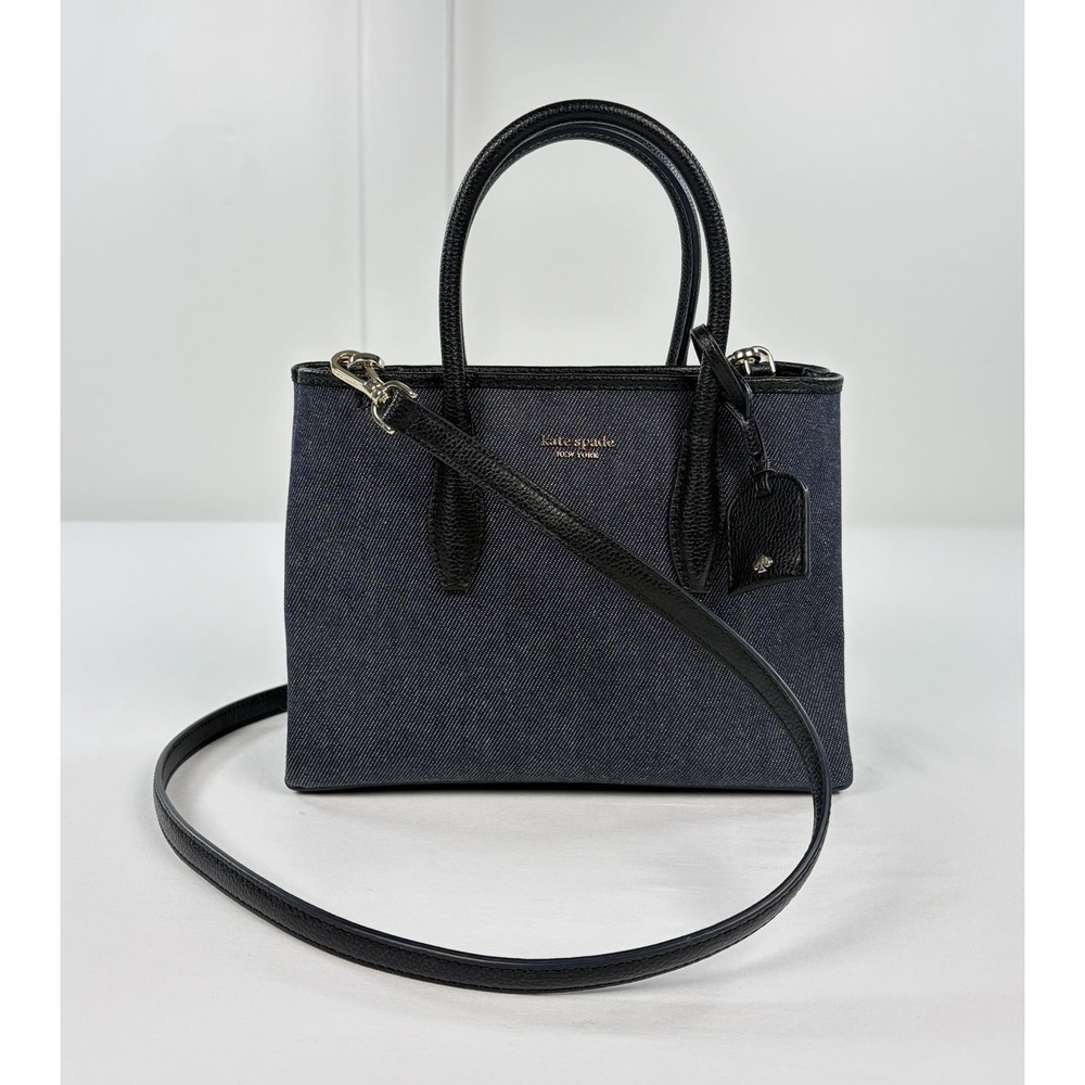 Kate Spade Eva Small Satchel Crossbody Bag Dark Blue Denim Black Leather Charm